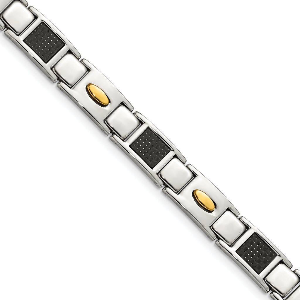 Stainless Steel Polished Yellow IP-plated with Black Carbon Fiber Inlay Link Bracelet for Men