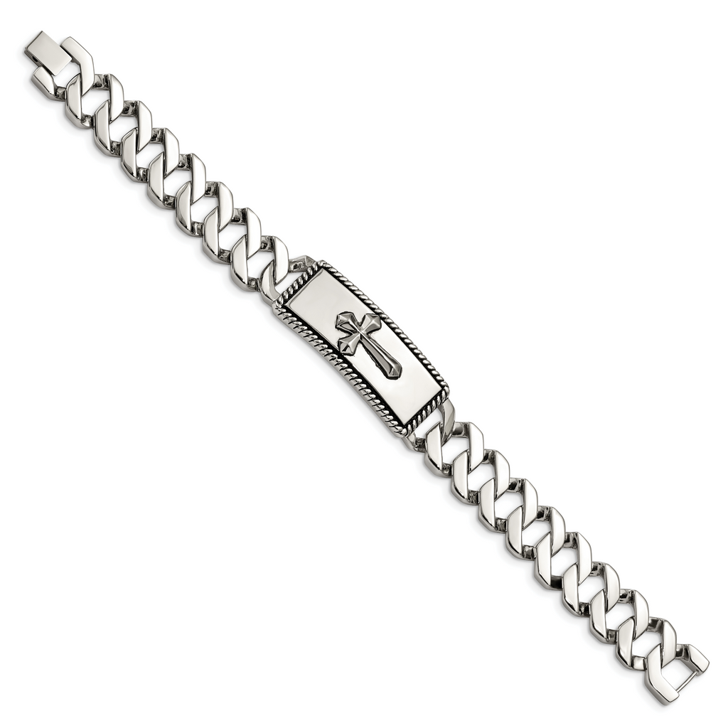 Stainless Steel Antiqued Polished and Textured Cross ID Bracelet for Men