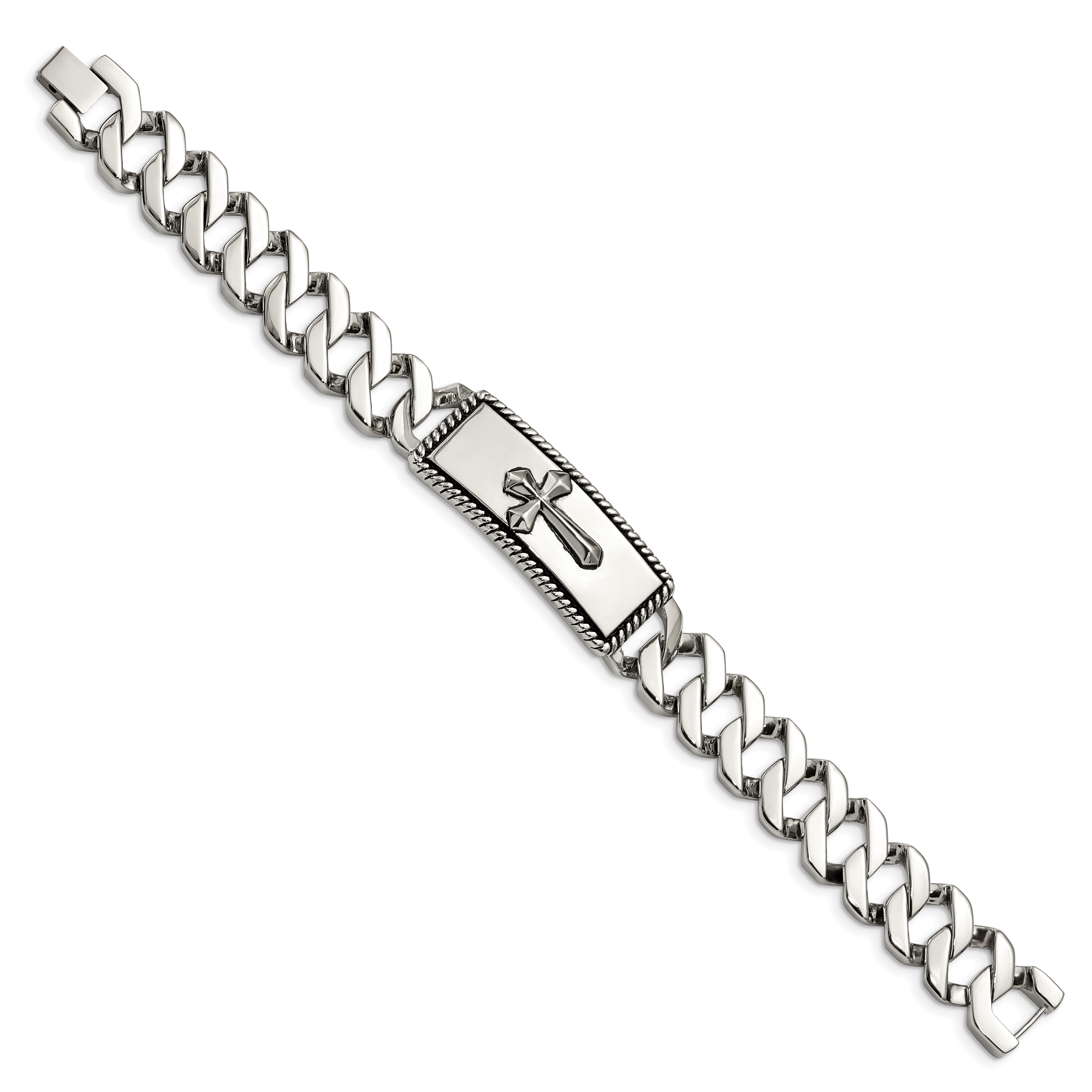 Stainless Steel Antiqued Polished and Textured Cross ID Bracelet for Men