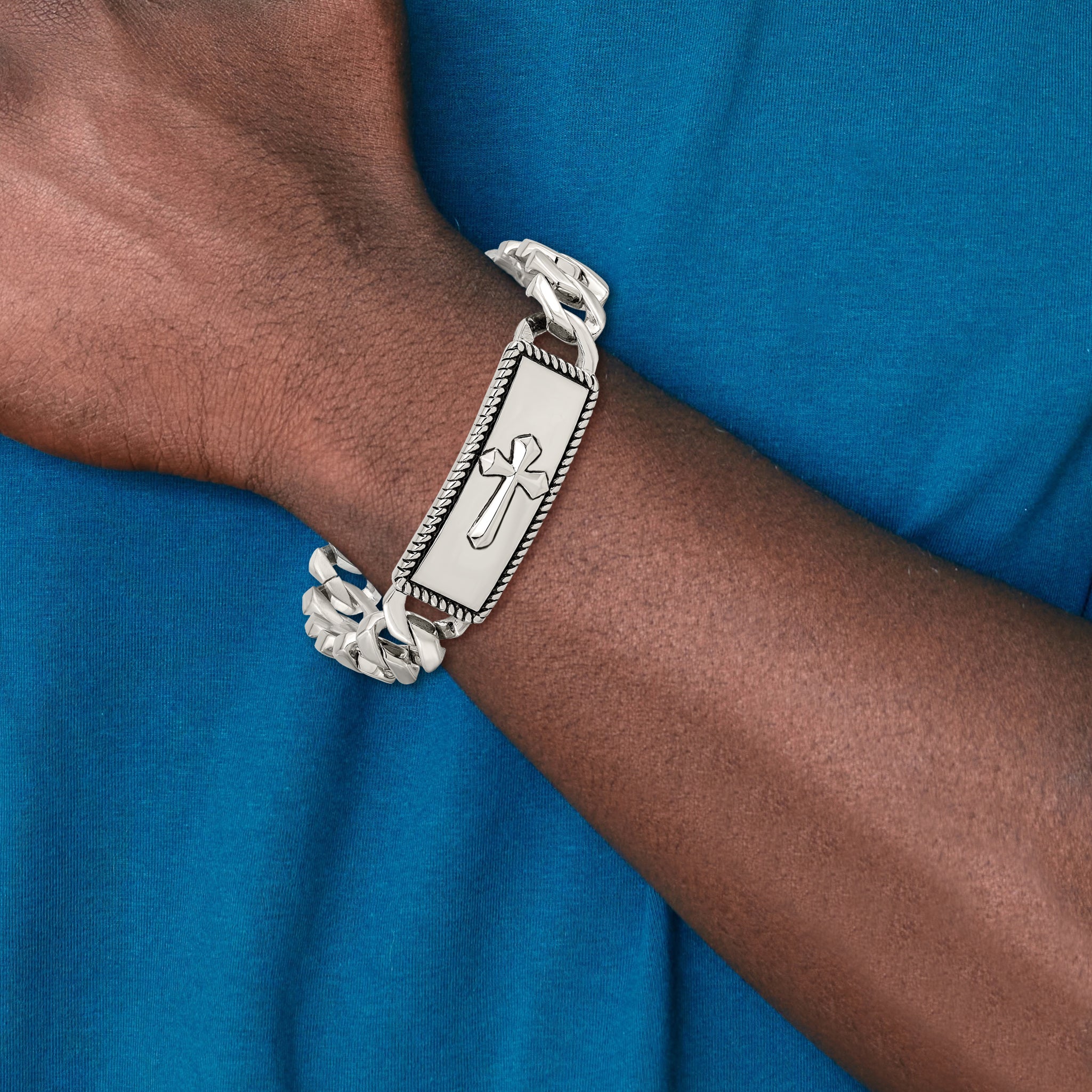 Stainless Steel Antiqued Polished and Textured Cross ID Bracelet for Men