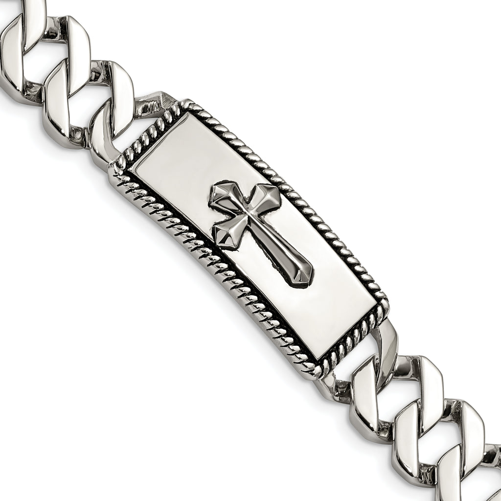 Stainless Steel Antiqued Polished and Textured Cross ID Bracelet for Men