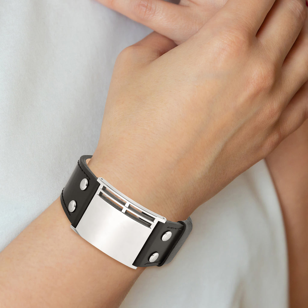 Stainless Steel Polished Black Leather Adjustable Buckle Bracelet for Men