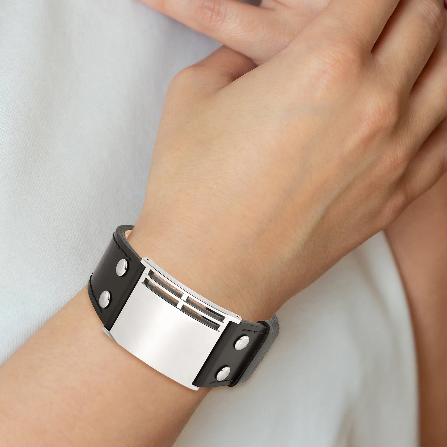 Stainless Steel Polished Black Leather Adjustable Buckle Bracelet for Men