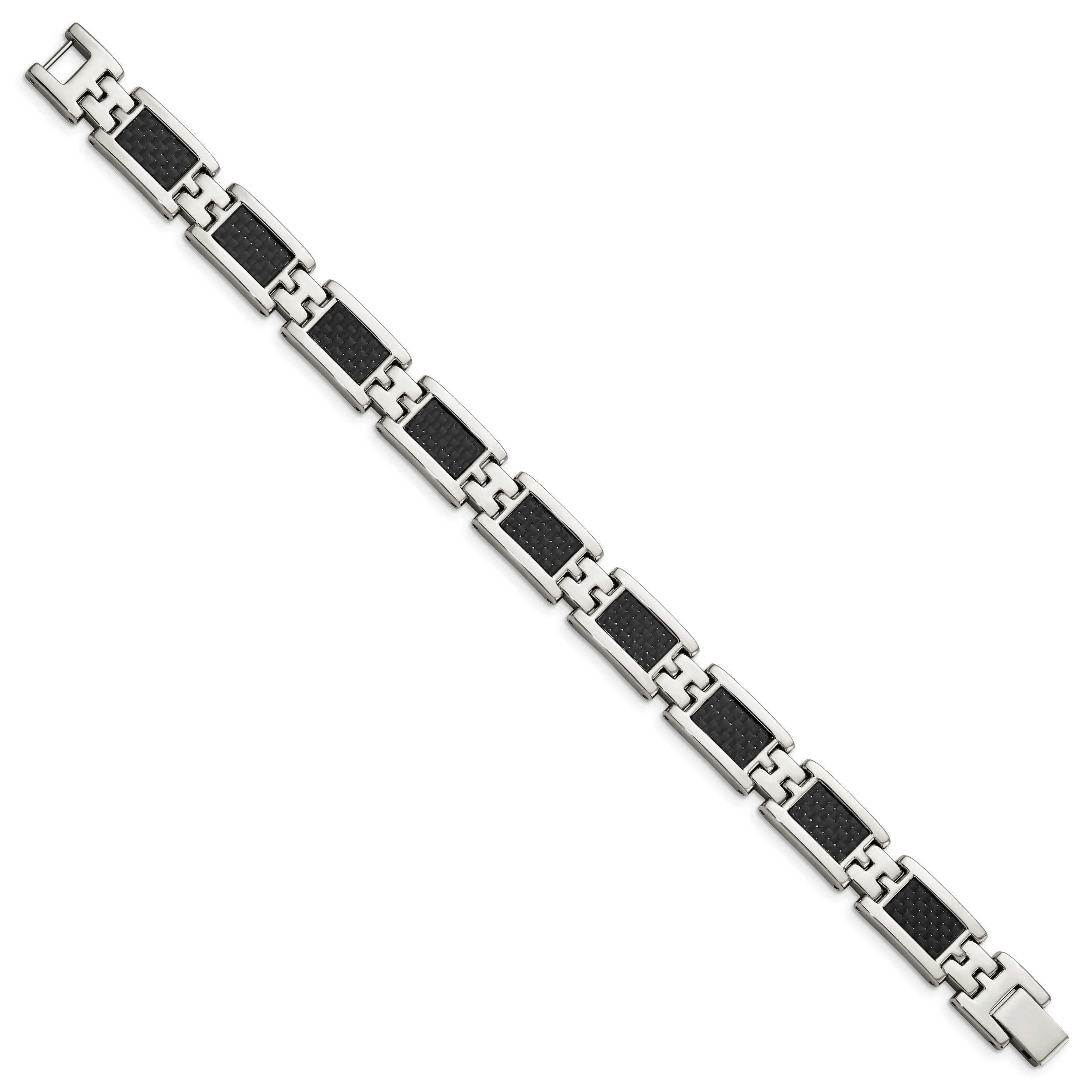 Stainless Steel Polished with Black Carbon Fiber Inlay Link Bracelet for Men
