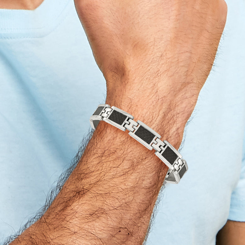 Stainless Steel Polished with Black Carbon Fiber Inlay Link Bracelet for Men