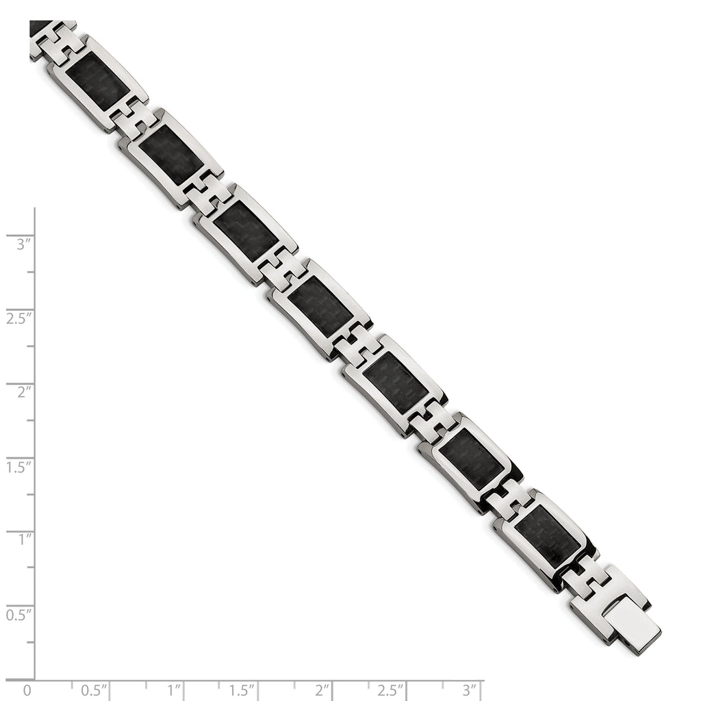 Stainless Steel Polished with Black Carbon Fiber Inlay Link Bracelet for Men