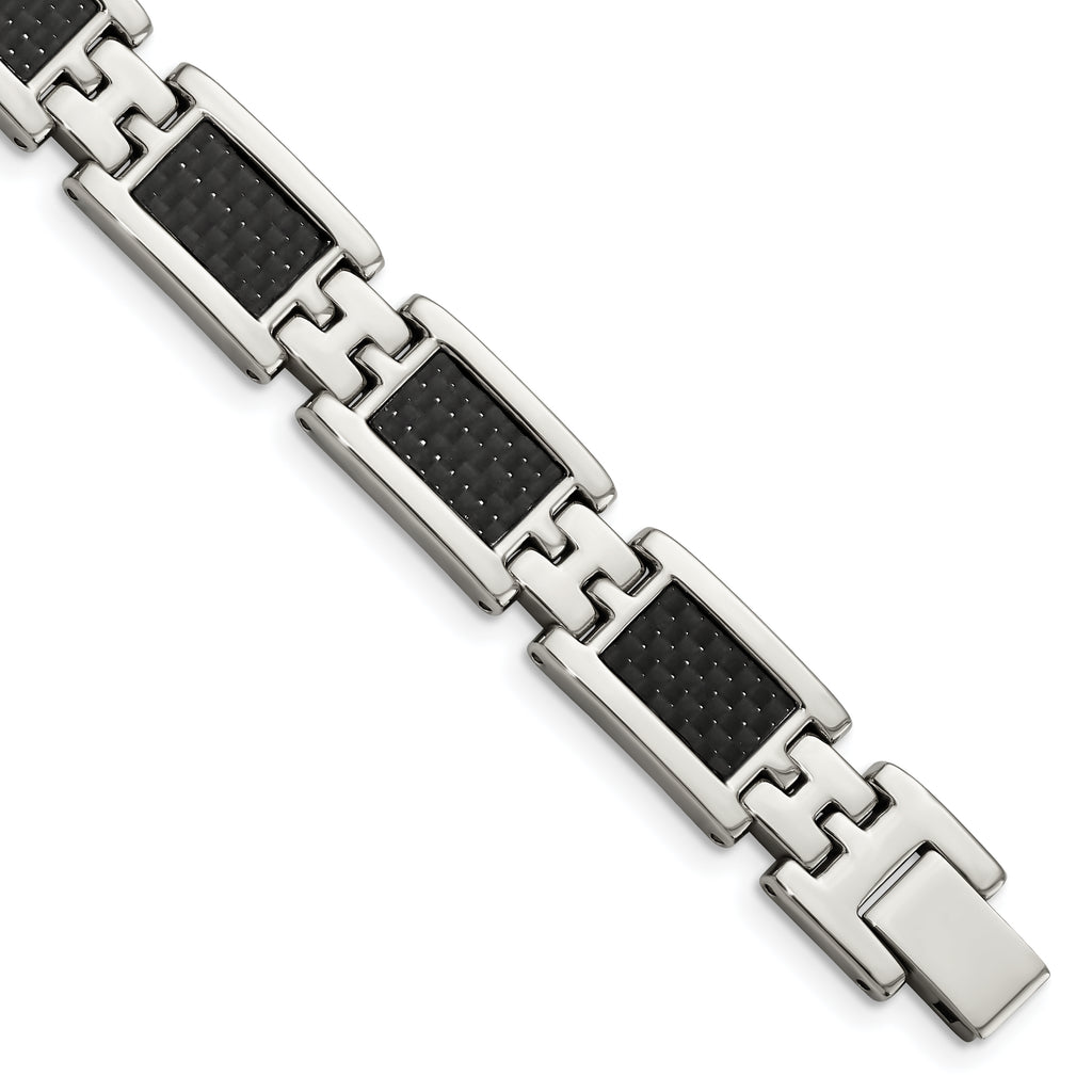 Stainless Steel Polished with Black Carbon Fiber Inlay Link Bracelet for Men