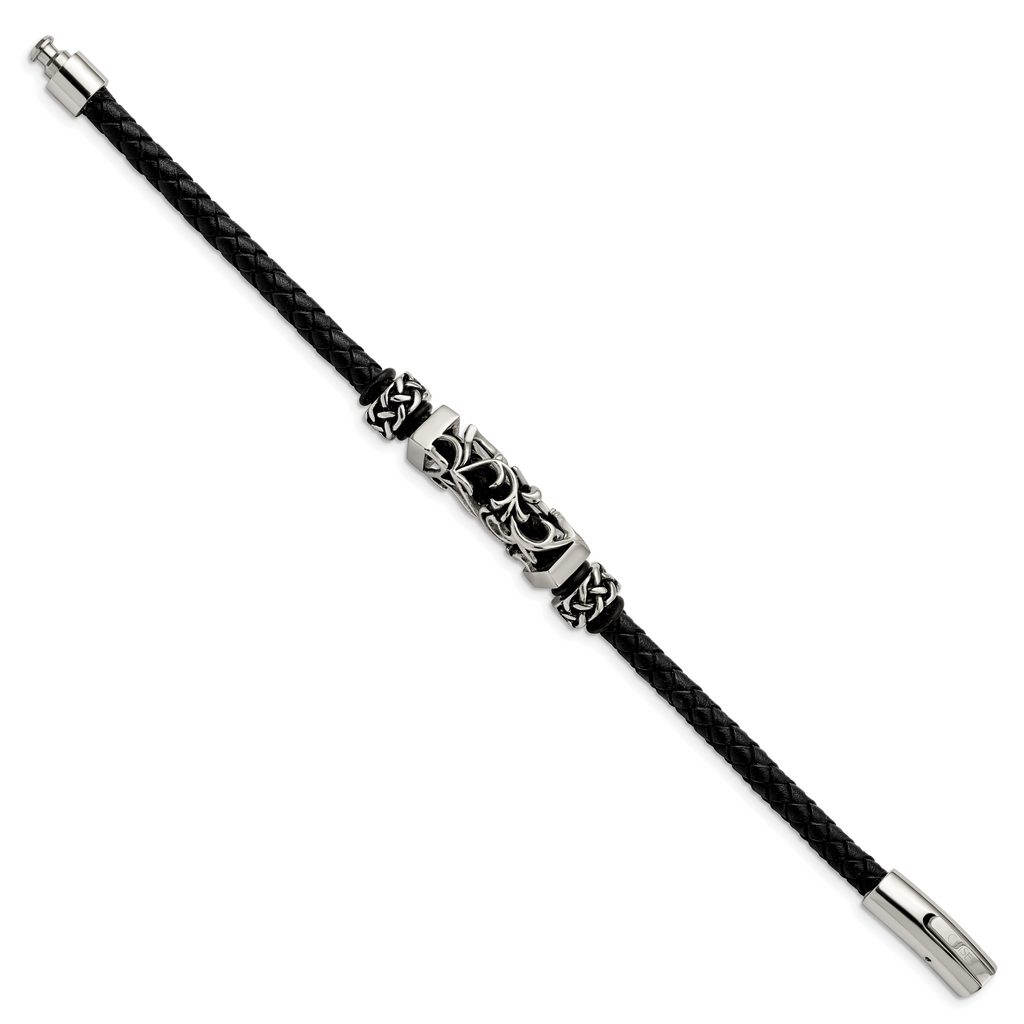 Stainless Steel Polished with Antiqued Beads Braided Black Leather Bracelet for Men