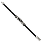 Stainless Steel Polished with Antiqued Beads Braided Black Leather Bracelet for Men