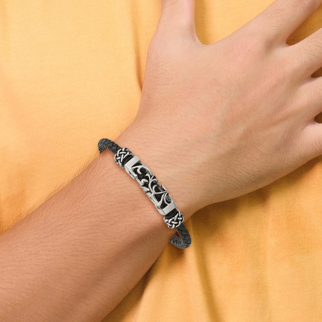Stainless Steel Polished with Antiqued Beads Braided Black Leather Bracelet for Men