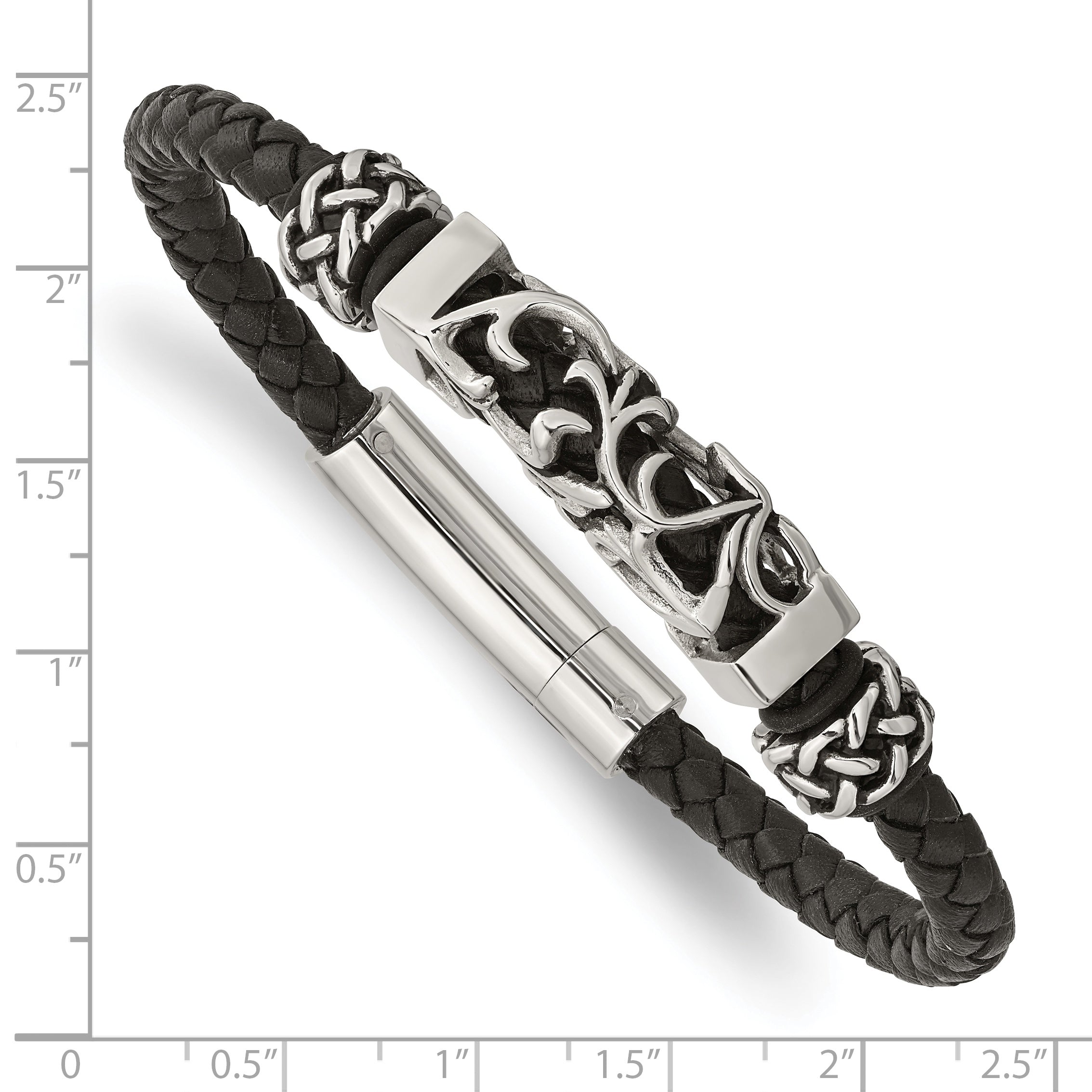 Stainless Steel Polished with Antiqued Beads Braided Black Leather Bracelet for Men
