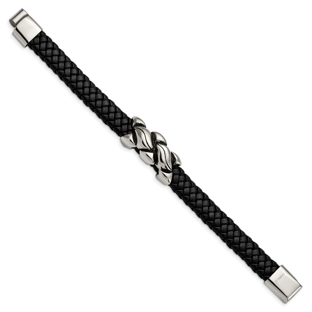 Stainless Steel Antiqued and Polished Black Leather Bracelet for Men
