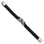Stainless Steel Antiqued and Polished Black Leather Bracelet for Men