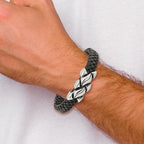 Stainless Steel Antiqued and Polished Black Leather Bracelet for Men
