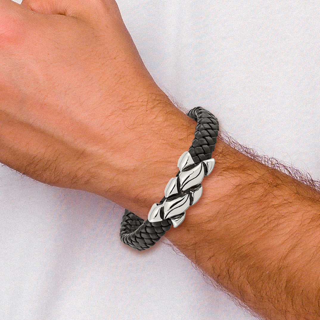 Stainless Steel Antiqued and Polished Black Leather Bracelet for Men