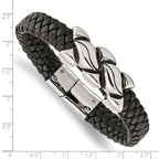 Stainless Steel Antiqued and Polished Black Leather Bracelet for Men