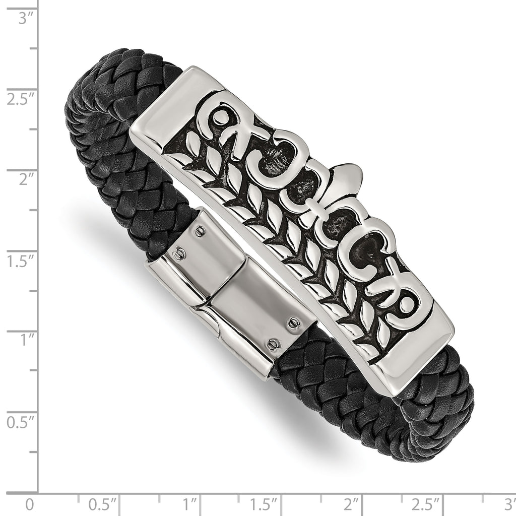 Stainless Steel Antiqued and Polished Fleur de Lis Black Leather Bracelet for Men