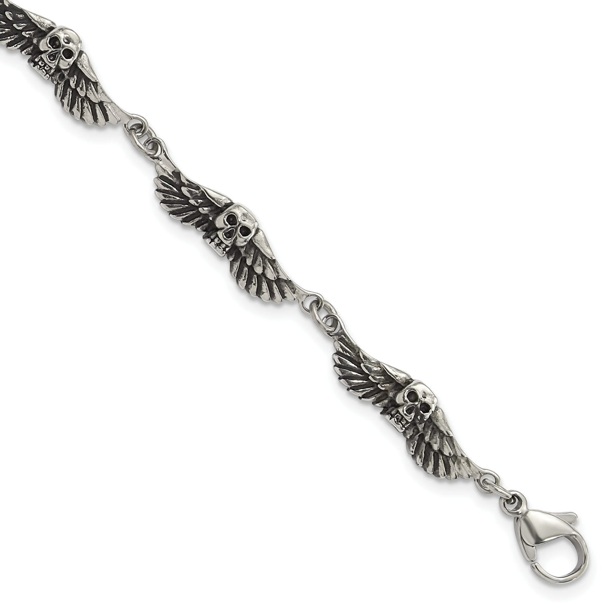 Skulls & Wings Bracelet in Stainless Steel, 6mm Antiqued, 7.8 Inch - Sophia Jewelers Main image