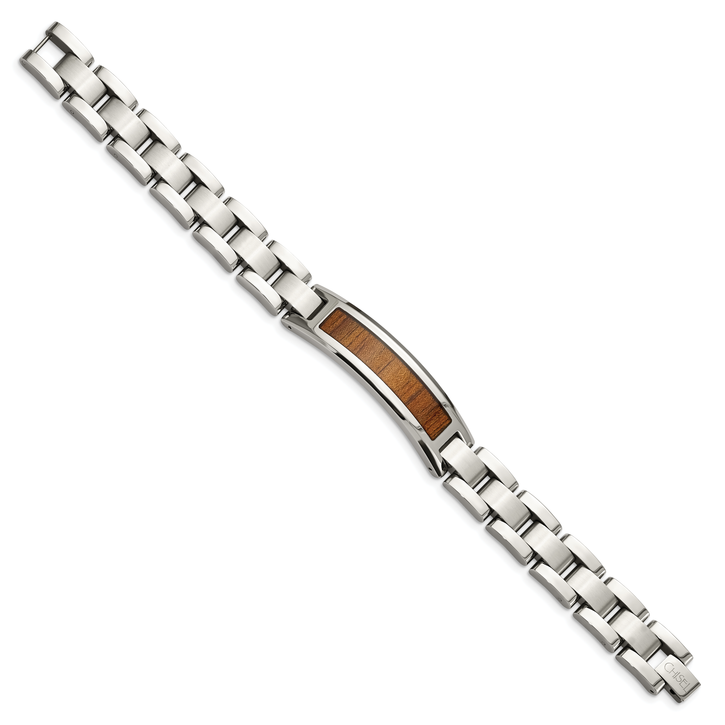 Stainless Steel Brushed and Polished Enameled with Koa Wood Inlay Link ID Bracelet for Men