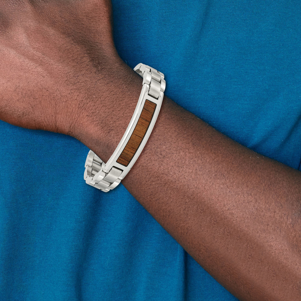 Stainless Steel Brushed and Polished Enameled with Koa Wood Inlay Link ID Bracelet for Men