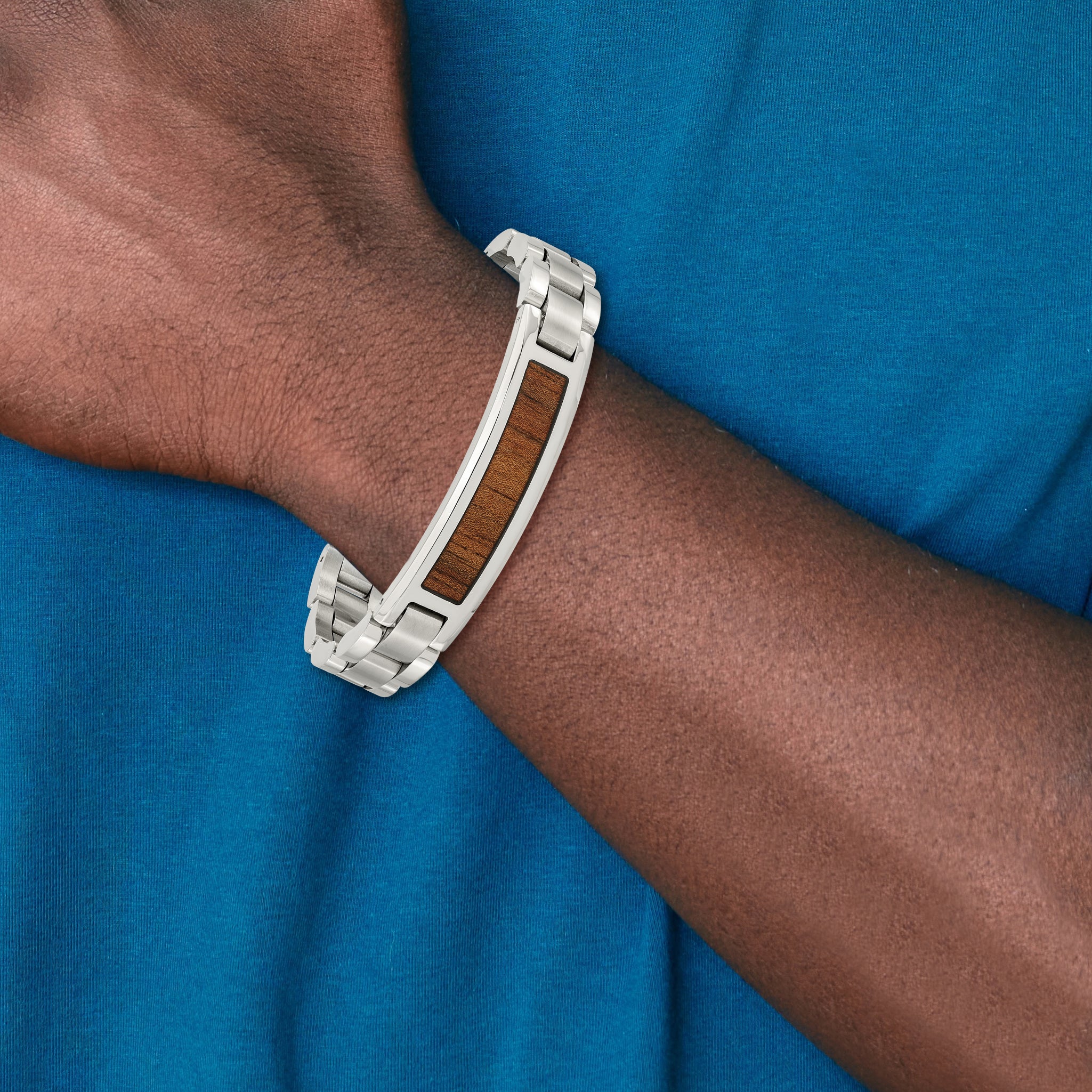 Stainless Steel Brushed and Polished Enameled with Koa Wood Inlay Link ID Bracelet for Men