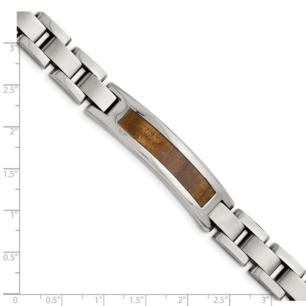 Stainless Steel Brushed and Polished Enameled with Koa Wood Inlay Link ID Bracelet for Men