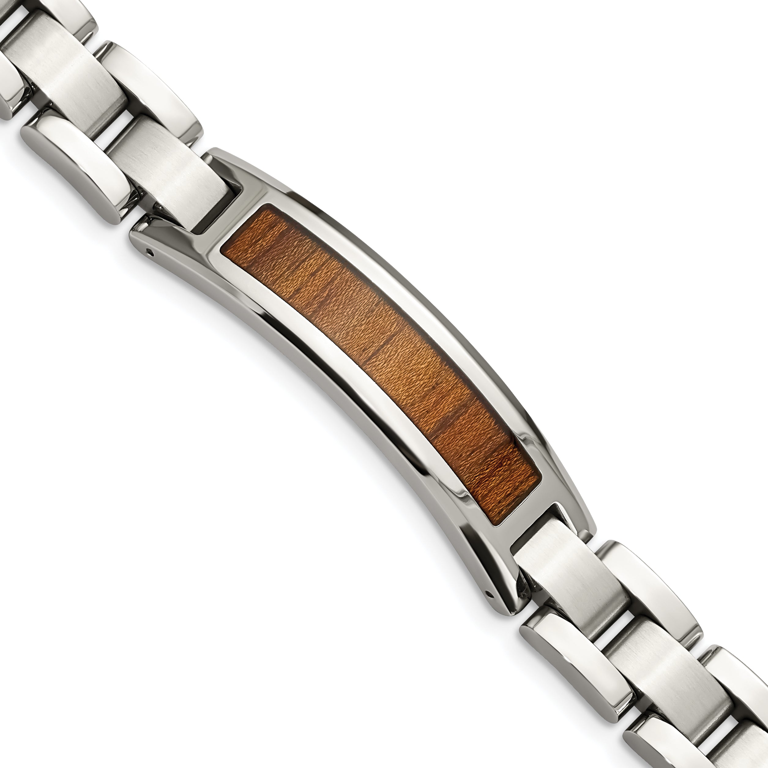 Stainless Steel Brushed and Polished Enameled with Koa Wood Inlay Link ID Bracelet for Men