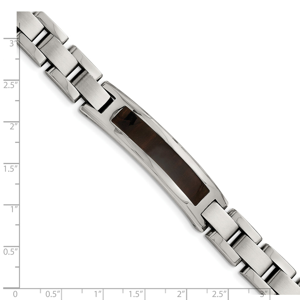 Stainless Steel Polished Enameled Black Koa Wood Link ID Bracelet for Men