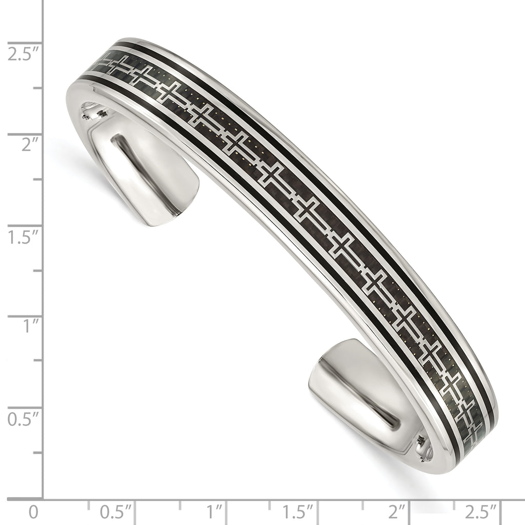 Stainless steel Polished Black IP-plated with Black Carbon Fiber Inlay Cross Design Cuff Bangle Bracelet for Men