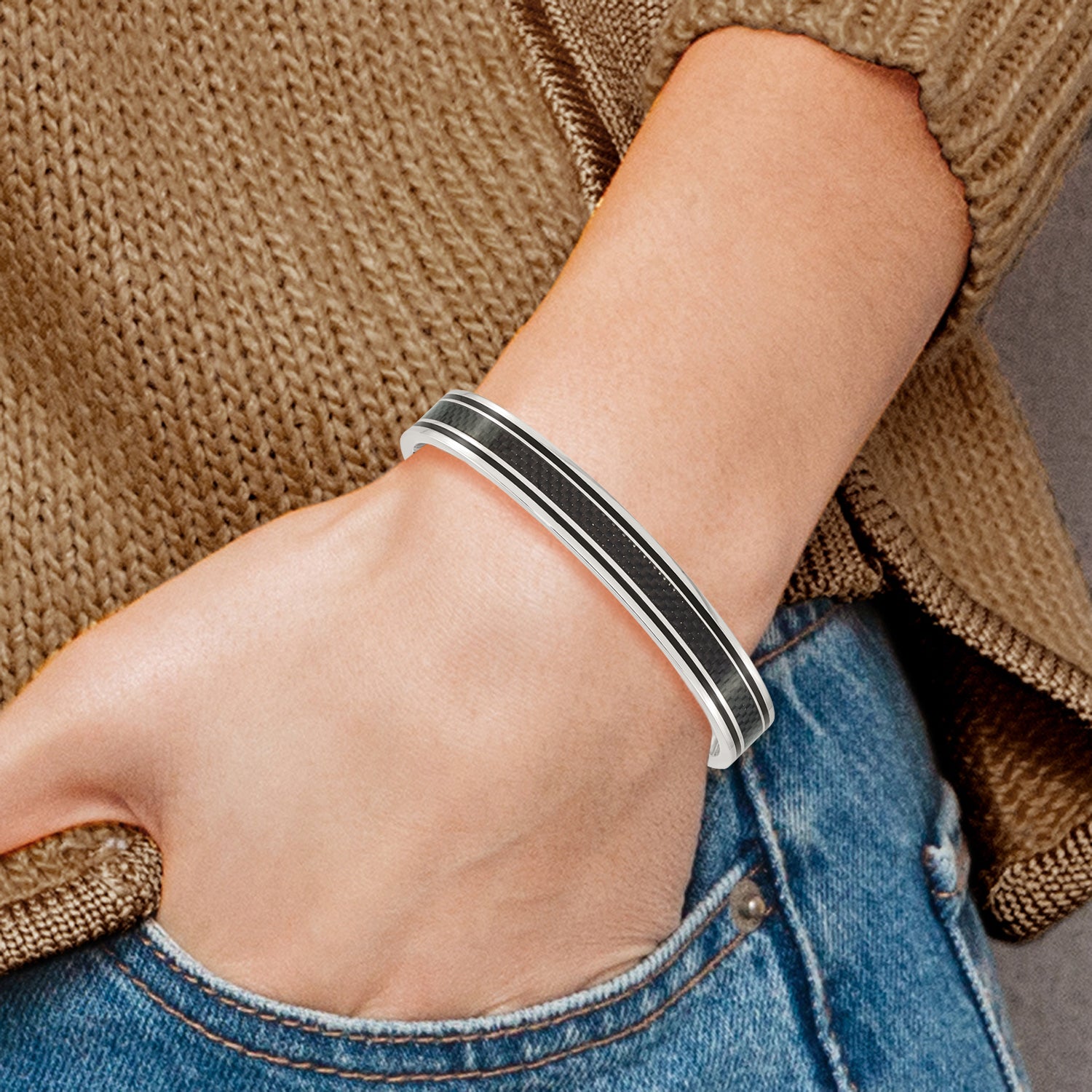 Stainless Steel Polished Black IP-plated with Black Carbon Fiber Inlay Cuff Bangle Bracelet for Men