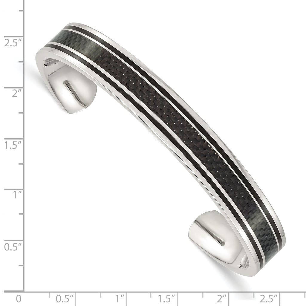 Stainless Steel Polished Black IP-plated with Black Carbon Fiber Inlay Cuff Bangle Bracelet for Men