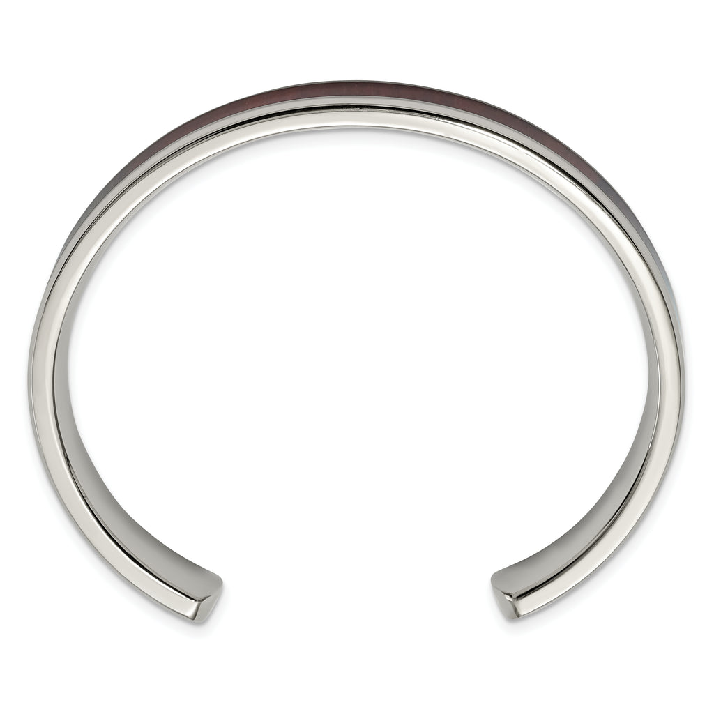 Stainless Steel Polished with Red/Orange Koa Wood Inlay Cuff Bangle Bracelet for Men