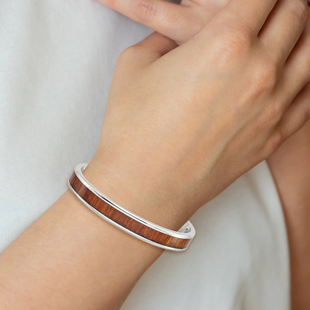 Stainless Steel Polished with Red/Orange Koa Wood Inlay Cuff Bangle Bracelet for Men