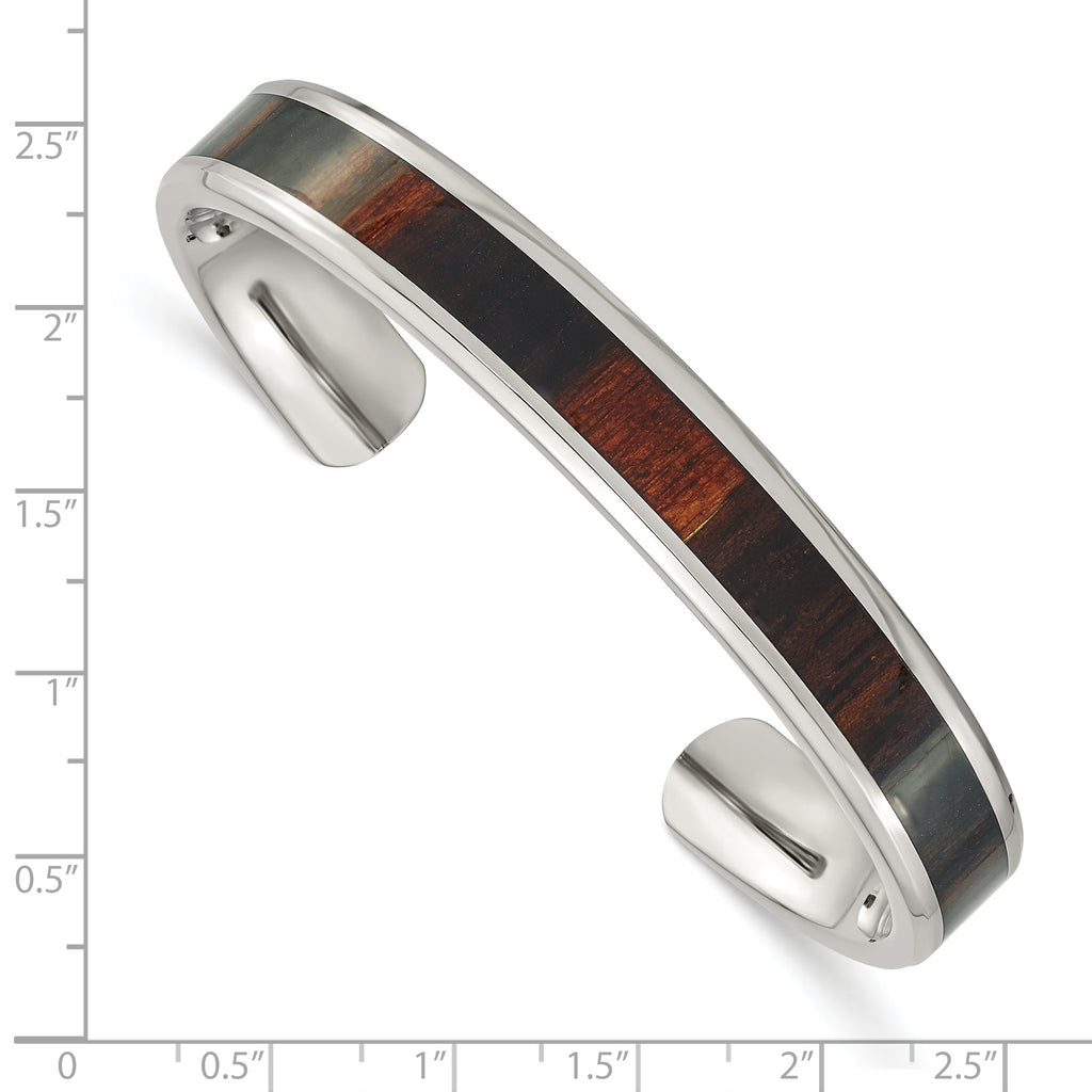 Stainless Steel Polished with Enameled Koa Wood Inlay Cuff Bangle Bracelet for Men