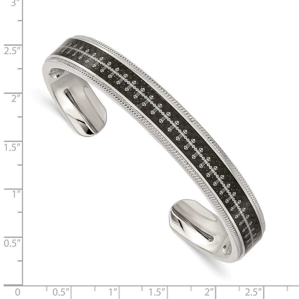 Stainless Steel Polished Black Carbon Fiber Inlay Crosses Bangle Bracelet for Men