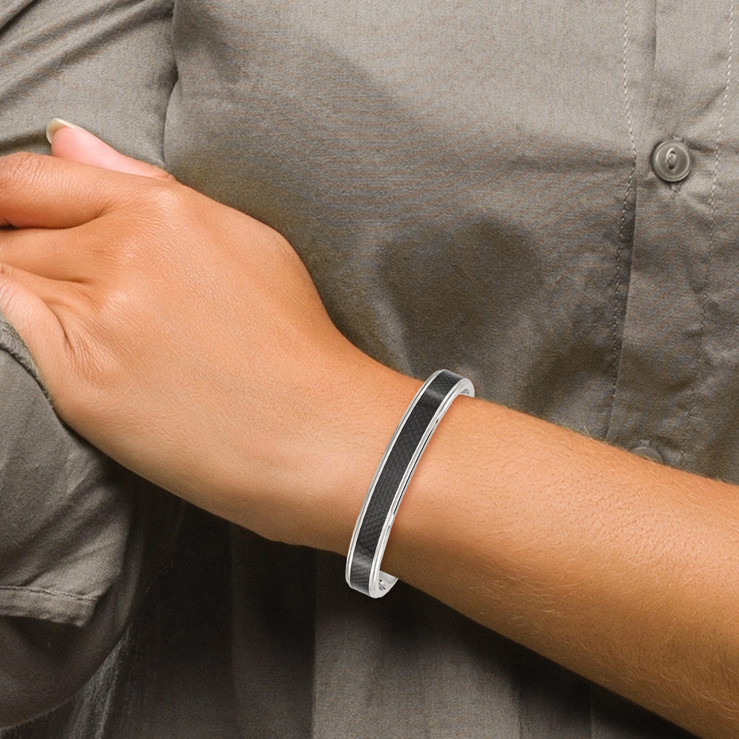 Stainless Steel Polished with Black Carbon Fiber Inlay Cuff Bangle Bracelet for Men