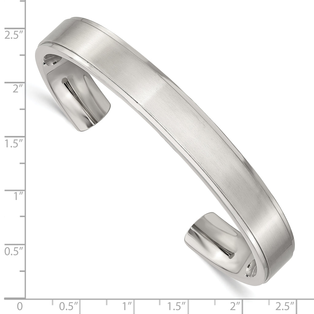 Stainless Steel Brushed and Polished Ridged Edge 11mm Cuff Bangle Bracelet