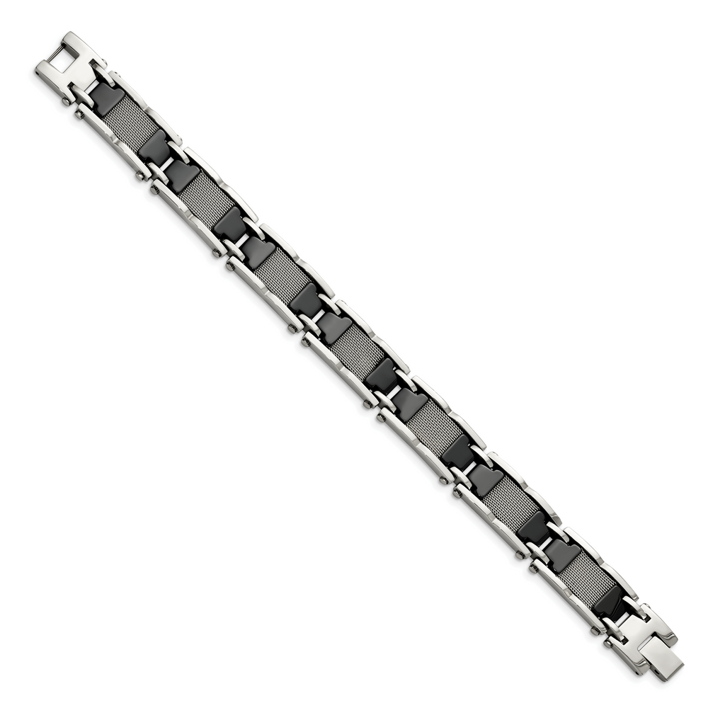 Stainless Steel Polished Mesh with Black Ceramic Link Bracelet for Men