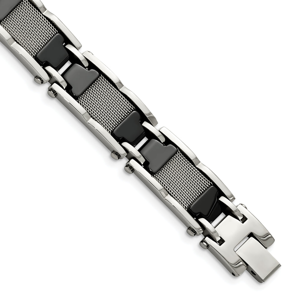 Stainless Steel Polished Mesh with Black Ceramic Link Bracelet for Men