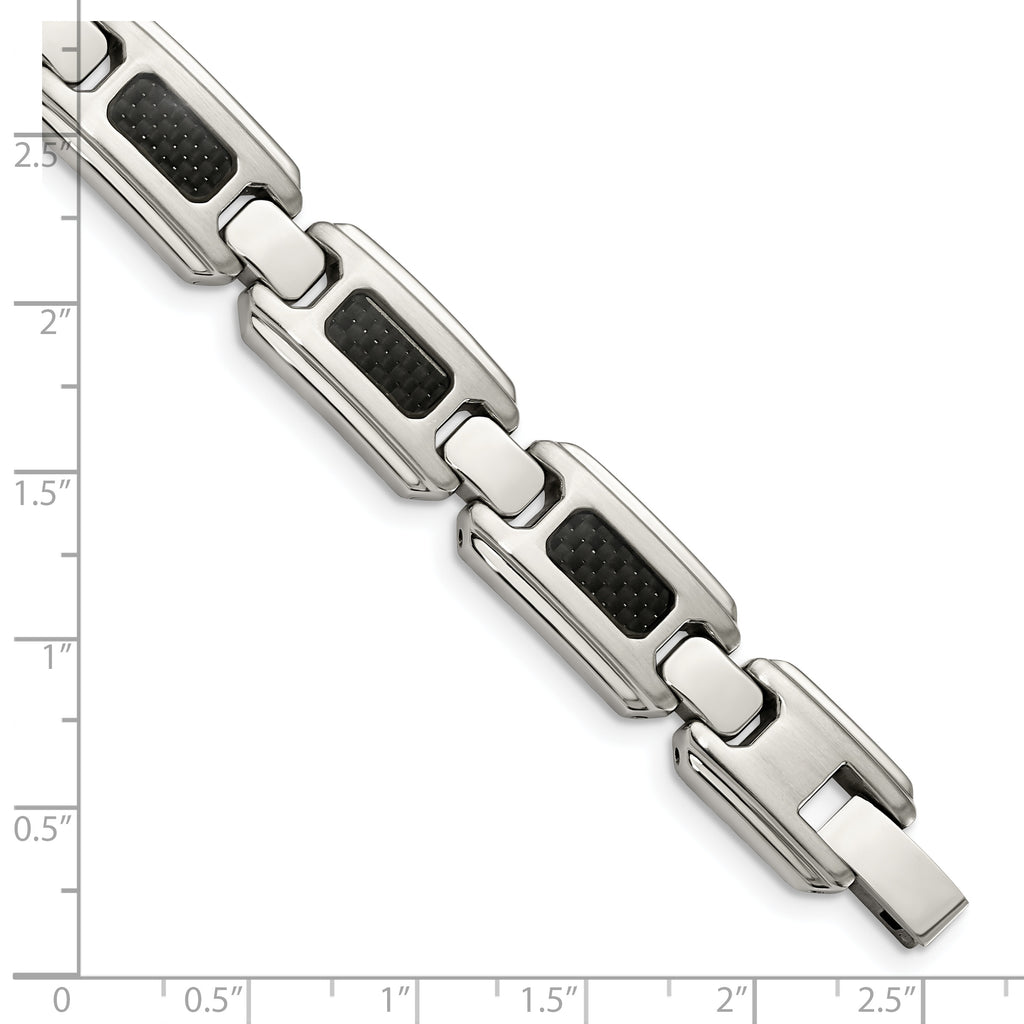 Stainless Steel Brushed and Polished with Black Carbon Fiber Inlay Link Bracelet for Men
