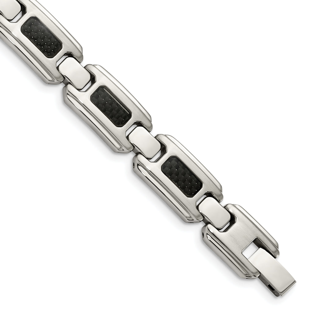 Stainless Steel Brushed and Polished with Black Carbon Fiber Inlay Link Bracelet for Men