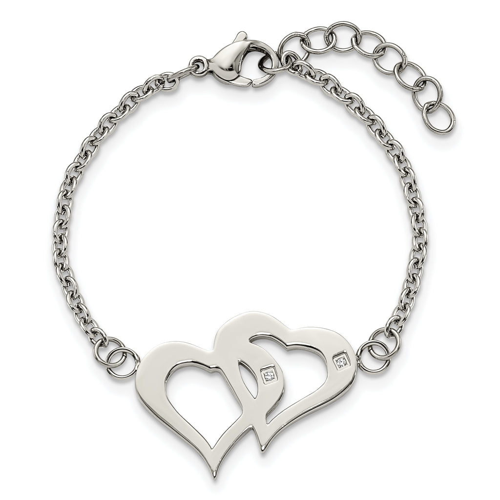 Stainless Steel Polished with Cubic Zirconia Hearts with ext. Bracelet for Women