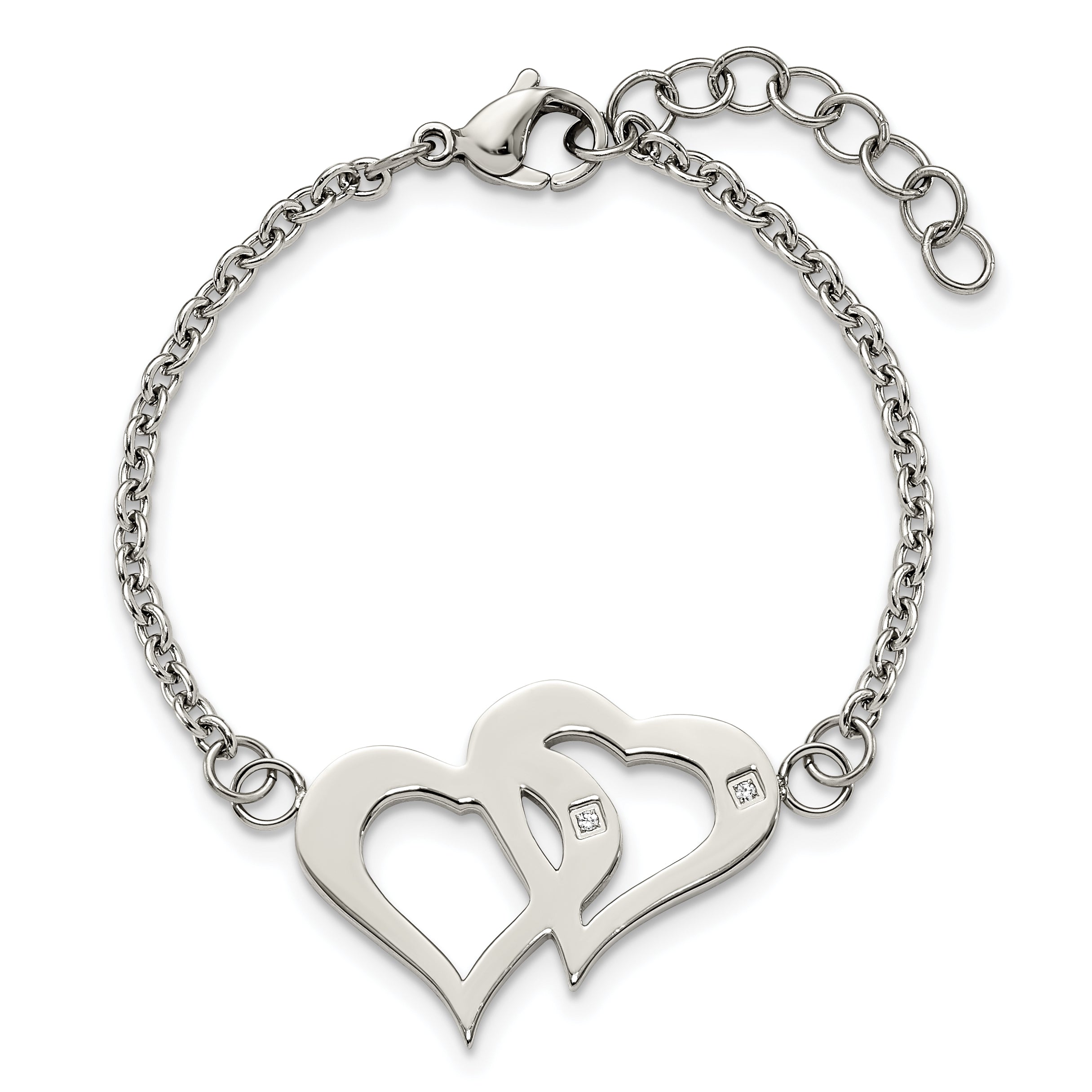 Stainless Steel Polished with Cubic Zirconia Hearts with ext. Bracelet for Women