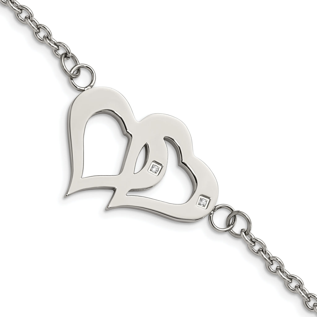 Stainless Steel Polished with Cubic Zirconia Hearts with ext. Bracelet for Women