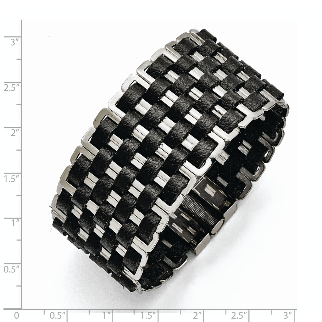 Stainless Steel Polished Woven Black Leather Bracelet for Women