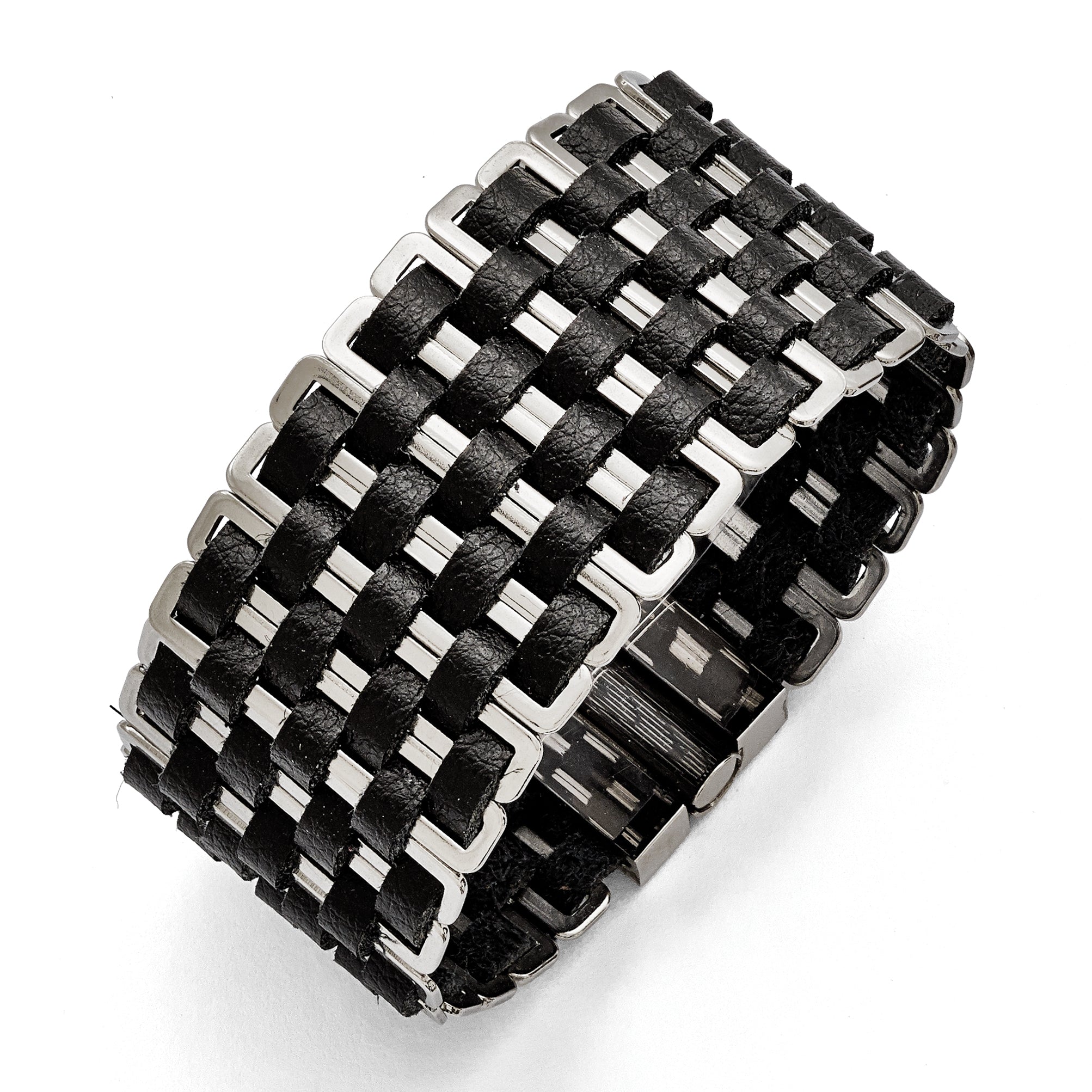 Stainless Steel Polished Woven Black Leather Bracelet for Women Main image