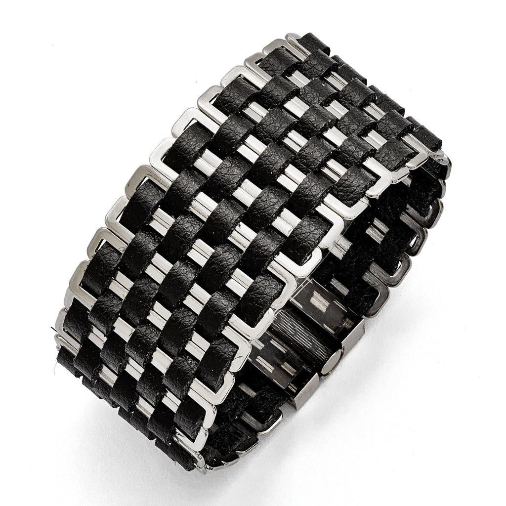 Stainless Steel Polished Woven Black Leather Bracelet for Women