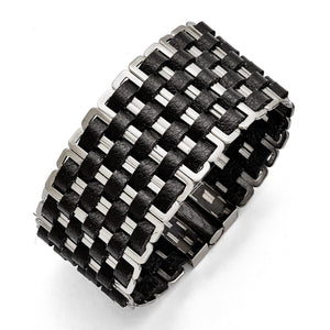 Woven Black Leather Bracelet in Stainless Steel, 35mm x 7in - Sophia Jewelers