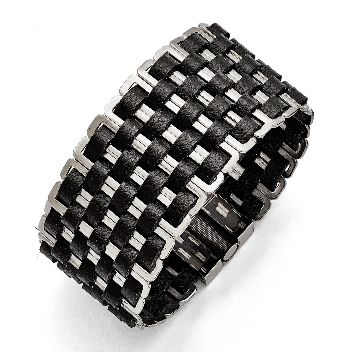 Woven Black Leather Bracelet in Stainless Steel, 35mm x 7in - Sophia Jewelers
