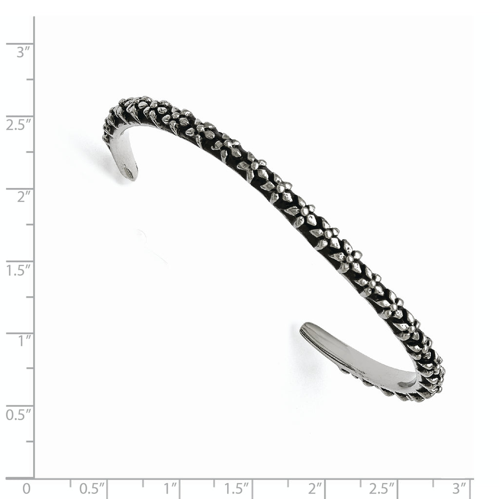 Stainless Steel Polished/Antiqued Floral Thin Cuff Bangle Bracelet for Women